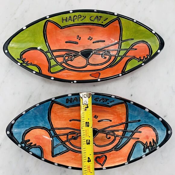 LOT (2) Outi Happy Cat Oval Bowls 9.5"x4.5" Blue Green Red Dish Hand Painted EUC - Picture 7 of 8